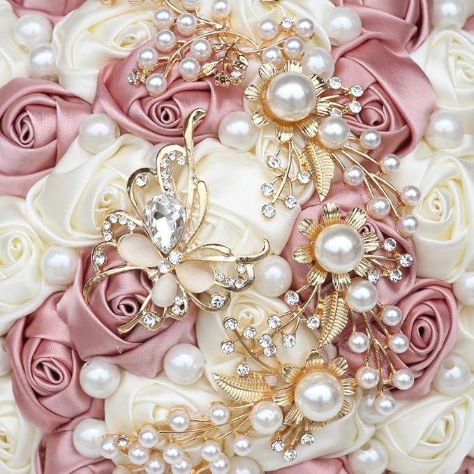 Handmade Wedding Bride Bridesmaid Bridal Bouquet Rose Holding Toss Artificial Flowers Bouquets with Satin Ribbon Pearls Rhinestone for Wedding Celebration Valentine’s Day Parties Bouquet Decor