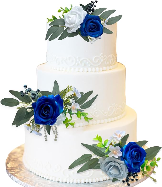 CherishedMoments 3Pcs Cake Topper Set, Wedding Artificial Flowers Decor Navy Blue Cake Topper Decorations for Wedding Ceremony Anniversary, Wedding Home Decor,Seaside Wedding
