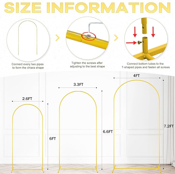 Arch Backdrop Stand and Cover Set of 3 6FT 6.6FT 7.2FT Gold Arch Backdrop Stands and Sage Green Spandex Arched Covers for Party Balloon Metal Arched Frame for Bridal Shower Decorations