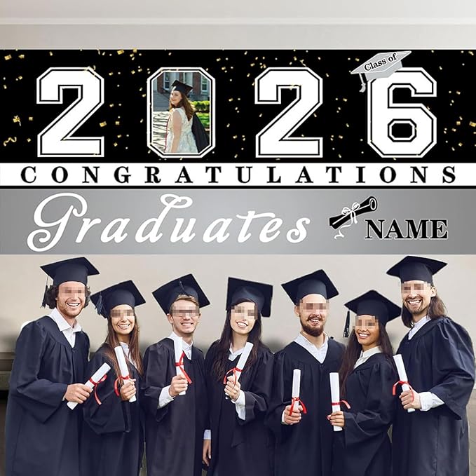 Custom Graduation Garage Door Banner Decoration 7x16ft with Photo Congrats Garage Door Cover 2026 Party Photo Booth Backdrop Party Supplies(Silver)