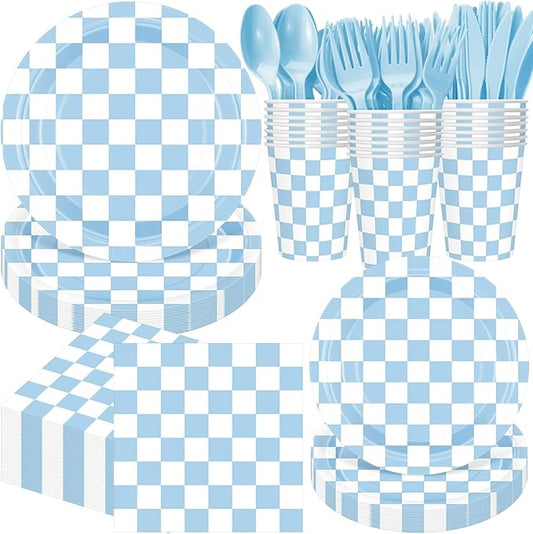 Pickmesh 400 Pcs Blue and White Checkered Party Decorations Set Light Blue Gingham Disposable Paper Plates Napkins Cups Cutlery Plaid Party Decorations for Baby Shower Wedding Birthday Serve 50