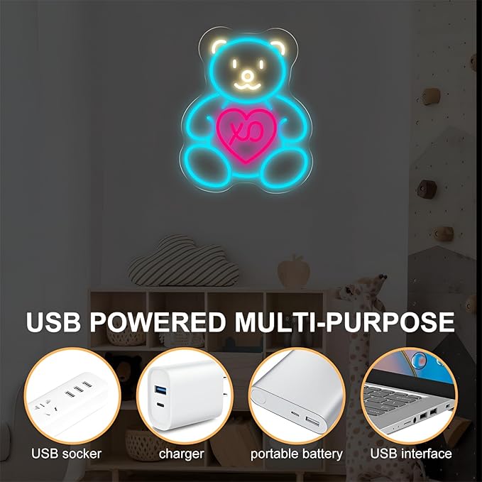 Blue Teddy Bear Neon Sign for Wall Decor, Cute XO Heart LED Neon Light for Girls’ Room & Teen Bedroom, Adorable Neon Wall Art for Valentine’s Day Gift & Cozy Bedroom Decor 15.8"x12.6"