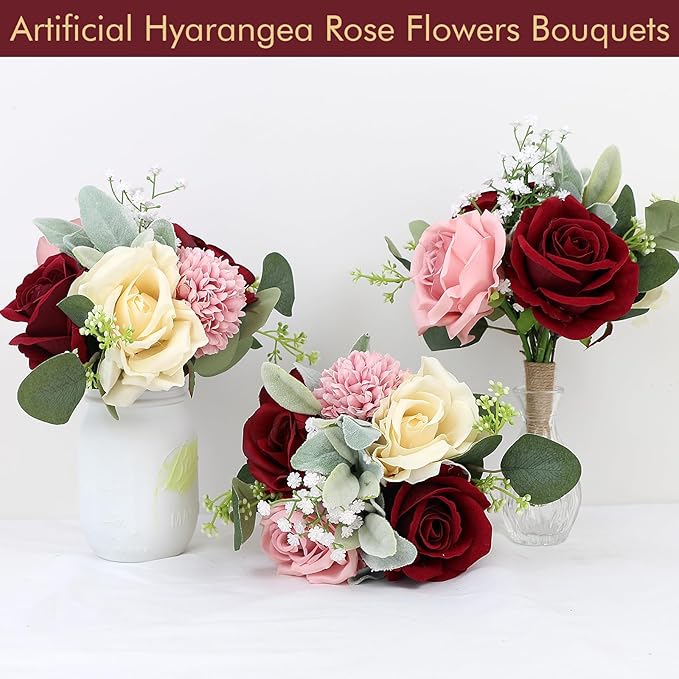 Set of 4 Artificial Bridesmaid Bouquets Blush & Burgundy -7 Inch Silk Rose Wedding Flower Bouquets for Bridesmaid Holding Flowers , Bridal Shower, Wedding Centerpiece Ceremony and Anniversary