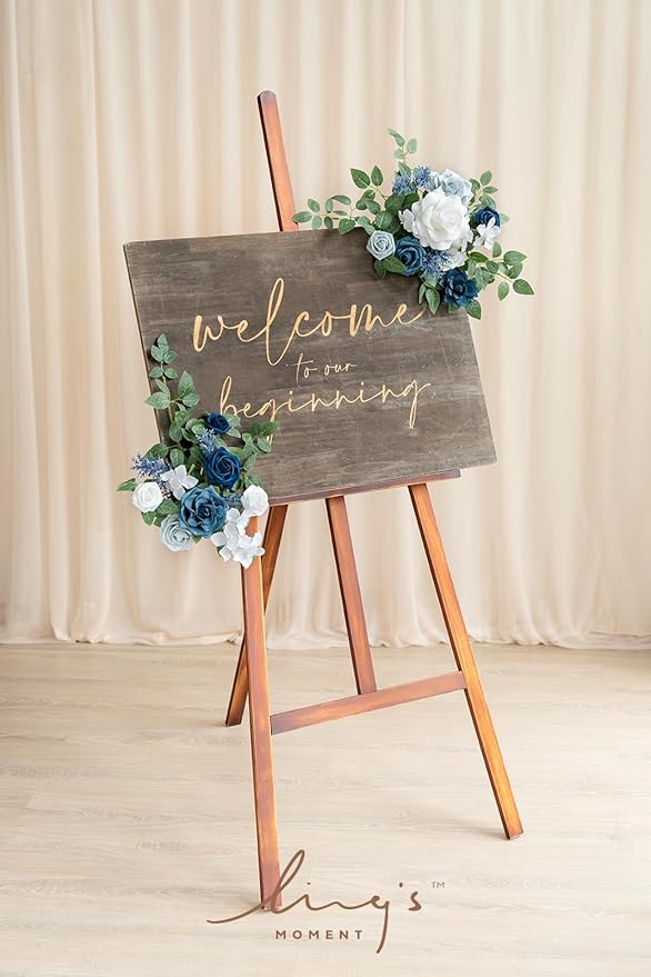 Ling's moment 2pcs Fall Wedding Artificial Floral Swag Welcome Sign Flowers Backdrop Garland Dusty Blue Navy for Ceremony Reception Door Wall Easel Home Decoration Entryway Outdoor Head Table Decor