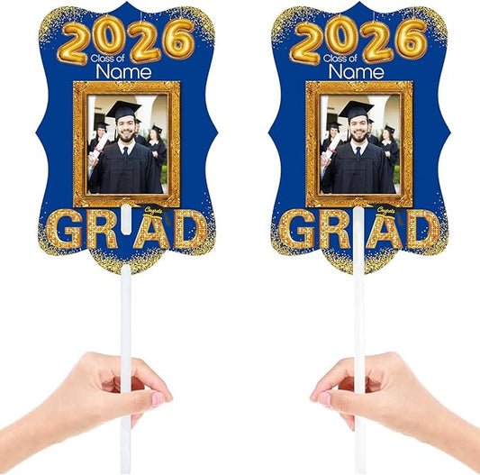 Personalized Graduation Double Sided Face Fan Class of 2026 Customized Graduation Head Face Cutout with Handle Fun Photo Prop Supplies(A-Blue and Gold,24pcs)