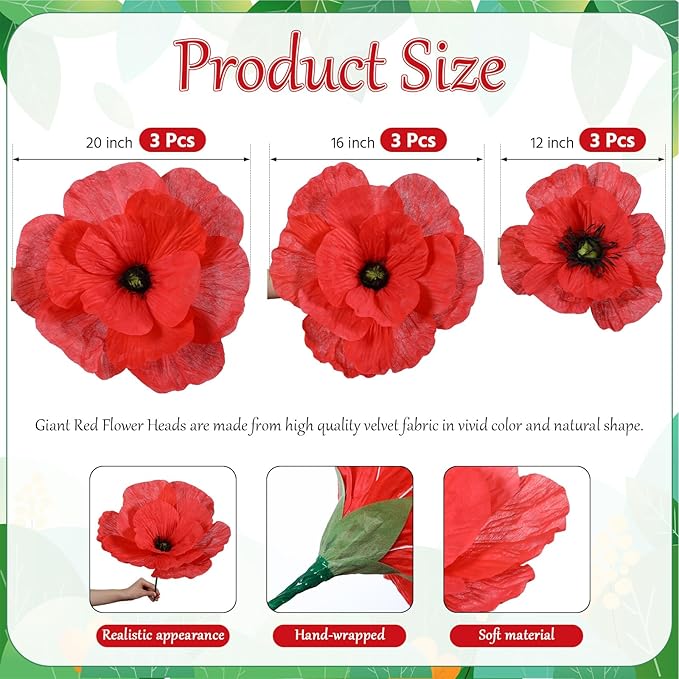 Norme 3 Pcs Giant Flowers for Decoration 12, 16, 20 Inch Large Poppy Flower Red Poppies Large Red Poppy for Wedding, Home Decor, Anniversary Birthday Valentine's Day
