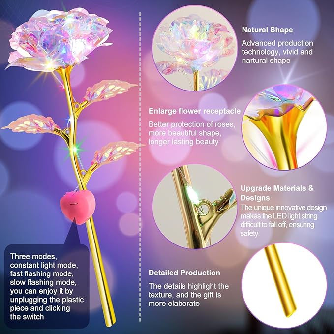 Lyrow 24 Pcs Valentines Galaxy Rose LED Light up Rose Flower Gifts Crystal Artificial Rainbow Flower for Valentine Lover Girlfriend Mom Her Mother's Day Birthday Wedding Gift, 9.84 Inches (White)