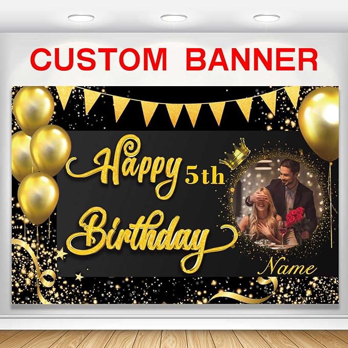 Custom Black and Gold Happy Birthday Party Decorations Supplies Personalized Black and Gold Birthday Backdrop Banner(5x7.5ft)