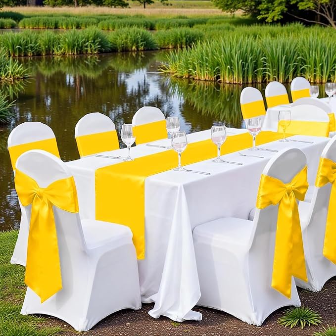 VDS Satin Chair Sashes Chair Cover Back Tie Sateen Bows Ribbon for Wedding Birthday Graduation Engagement Ceremony Event Party Banquet Venue Hotel All Dining Chair Decoration (150PC) (Yellow Gold)