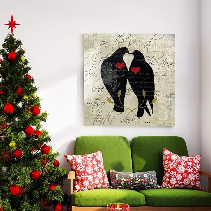 Renditions Gallery Twelve Days of Christmas Wall Art, Two Turtle Doves, Lovely Winter Artwork, Kissing Birds, Premium Gallery Wrapped Canvas Decor, Ready to Hang, 32 in H x 32 in W, Made in America