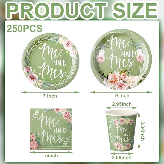 Zhehao 250 Pcs Mr. and Mrs. Bridal Shower Plates Napkins Sets 50 Pcs 9'' Dinner Plates and 7'' Dessert Plate and 9oz Cups 100 Napkins Serves 50 Party Supplies Bridal Shower Engagement Decoration