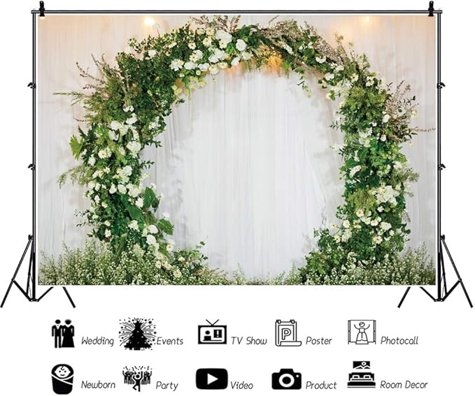 OERJU 12x8ft Romantic Wedding Backdrop 3D Arched Wreath White Curtain Bridal Floral Wall Photography Background Valentine's Day Bridal Shower Reception Ceremony Decor Banner Vinyl Wallpaper