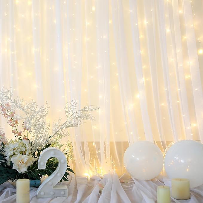 Suppromo White Tulle Backdrop Curtain with Lights String for Parites 20×8ft Sheer Curtains Wedding Baby Shower Birthday Party Photo Shoot Decorations(4 Panels 5ft×8ft)