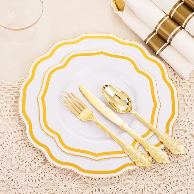 YOUBET 350 PCS White and Gold Plastic Plates - Disposable Plates for 50 Guests Tableware Includes 150 Gold Plastic Silverware, 50 Cups, 50 Napkins, for Wedding Party & Thanksgiving