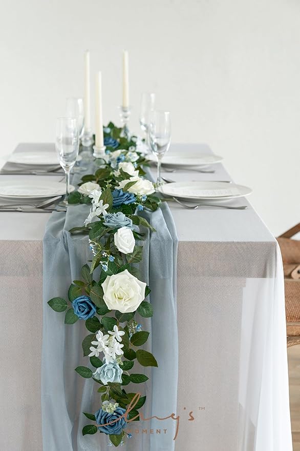Ling's Moment 5FT Dusty Blue Artificial Flower Garland Rose Leaves Floral Garland Arch Flowers Vine Table Centerpieces Decoration