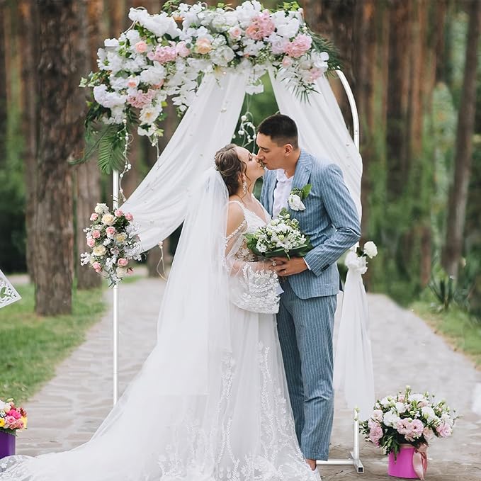 Wedding Arch Backdrop Stand with Arch Cover Spandex,7.3Ft Metal Balloon Arch Stand Frame for Wedding Birthday Party Baby Shower Bridal Banquet Decoration, Beige