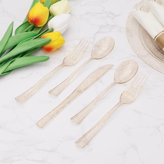 Goodluck 100 Pack Pre Rolled Gold Glitter Plastic Silverware, Wrapped Cutlery Set with Napkin Include 100 Forks, 100 Knives, 100 Spoons and 100 Napkins, Fancy Disposable Silverware for Party, Wedding