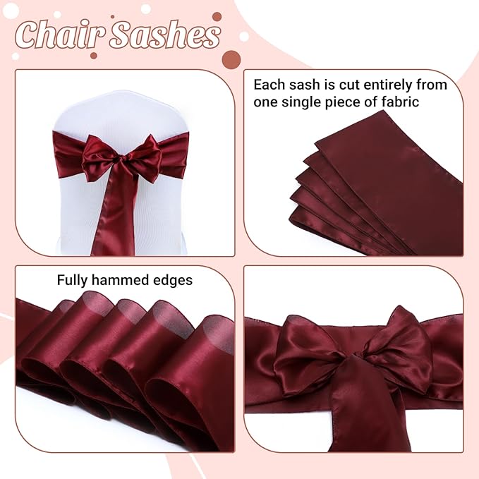 VDS Satin Chair Sashes Chair Cover Back Tie Sateen Bows Ribbon for Wedding Birthday Graduation Engagement Ceremony Event Party Banquet Venue Hotel All Dining Chair Decoration (250PC) (Maroon)