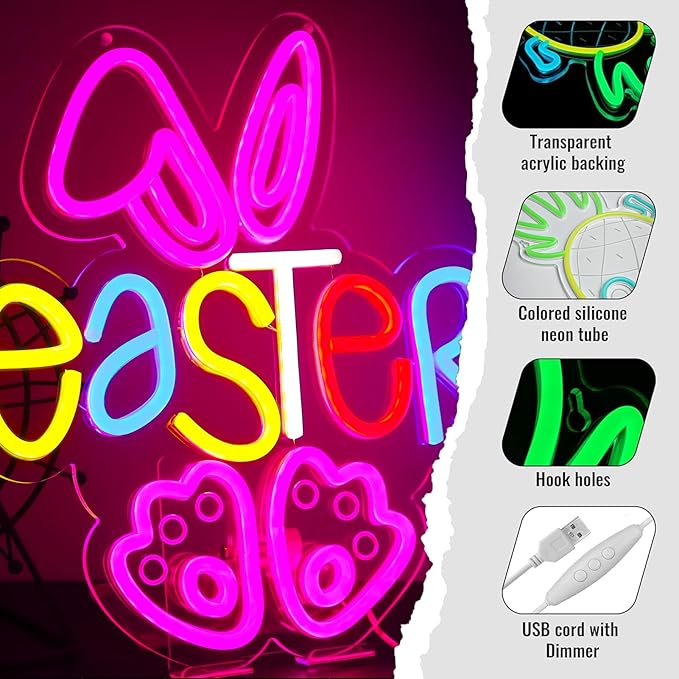 Easter Rabbit Neon Sign for Wall Decor,Dimmable USB Powered Neon Lights for Children's Room Decoration, Easter Gifts, Birthday Parties Gift 12.2 * 12.9Inch