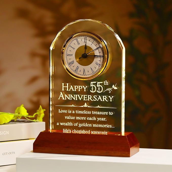 YWHL 55th Wedding Anniversary Clock Gifts for Parents Grandparents, 55 Years for Couples, Table Clock Glass Presents with Wooden Light Base for Home Decoration (Battery not Included)