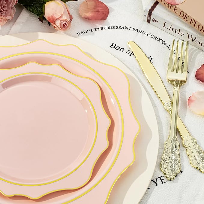 350 PCS Pink and Gold Plastic Plates, Gold Disposable Plates for 50 Guests, Includes 100 Disposable Plates, 50 Cups, 150 Silverwares, and 50 Napkins for Party, Wedding and Graduation