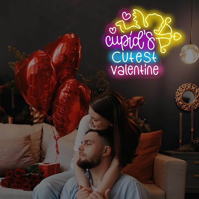 Cupid's Cutest Valentine Neon Sign - 5-Level Dimmable USB Valentine's Day Decor & Neon Signs for Wall Decor, Ideal for Wedding, Party, Shop Walls, Cute Bedroom Light Up Art