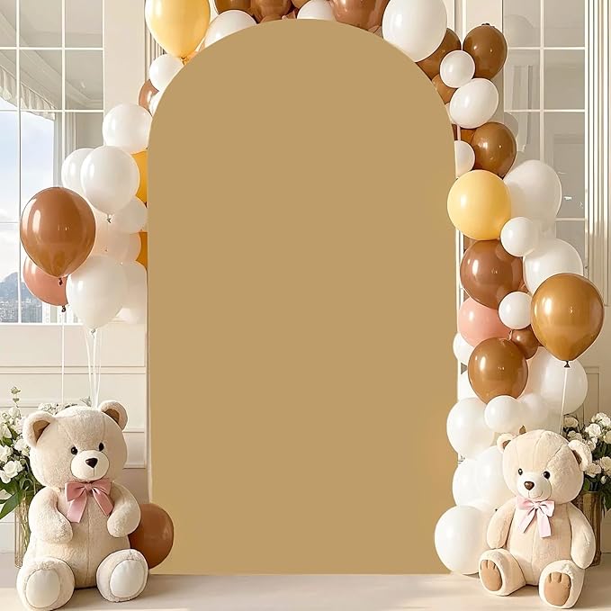 7.2FT Wedding Arch Stand and Khaki Arch Cover Backdrop Fabric Metal Arch Backdrop Stand with Cover Set Spandex Fitted Brown Backdrops Covers for Birthday Party Ceremony Banquet Decorations