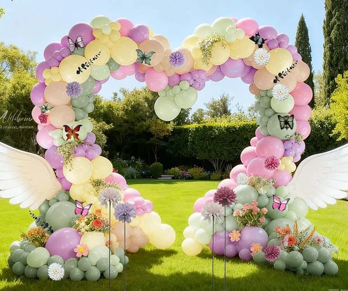 Green Pink Purple Balloon Arch Double Stuffed Pink Yellow Sand White Balloon Garland with Bionic Flower Leaf Butterfly Stickers for Spring Birthday Garden Wildflower Baby Shower Easter Party Decor