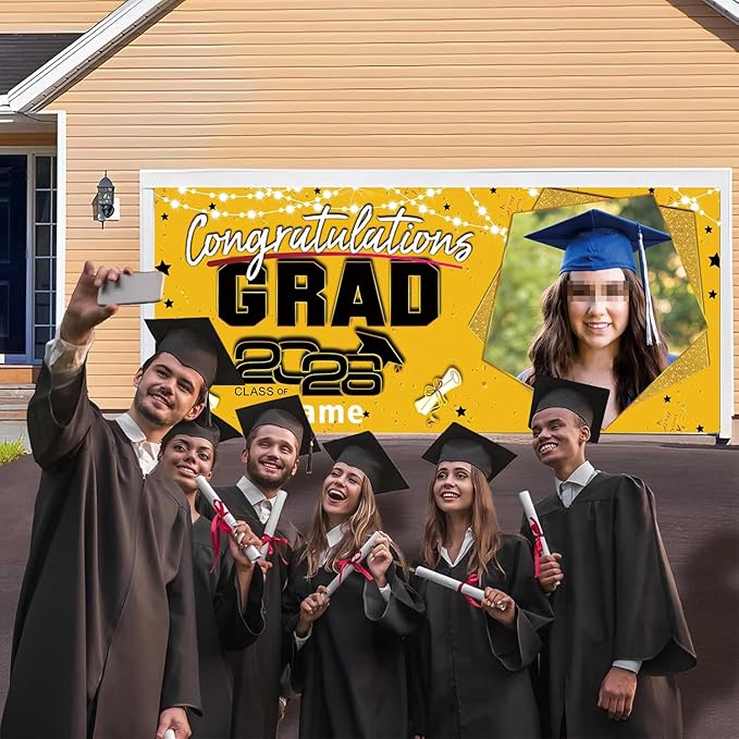 Custom Garaduation Garage Door Banner Cover 16 x 7 ft Class of 2026 Congrats Grad Party Backdrop Personalized Graduation Decoration(Yellow and Black)