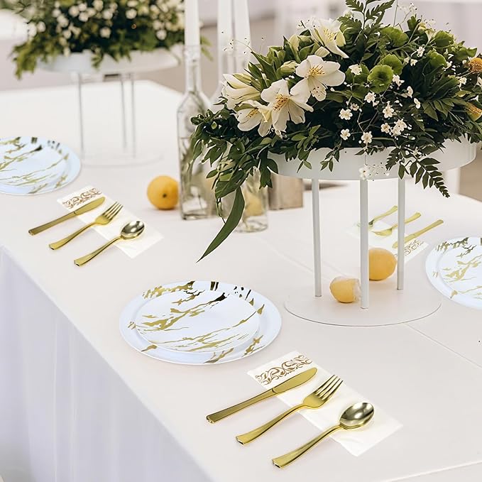 175pcs Gold Plastic Dinnerware Set – Elegant Disposable Plates, Cups, Utensils & Napkins for Wedding, Party, Birthday, Graduation