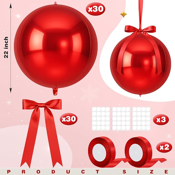 Jenaai 30 Set Valentine's Day Round Foil Balloons Bulk 22 Inch 4d Metallic Giant Balloons Set with Satin Bows Ribbon for Ceiling Holiday New Year Birthday Wedding Party Decoration(Red)