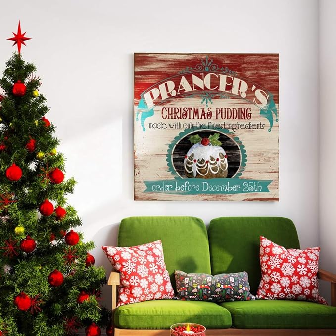 Renditions Gallery Prancer's Christmas Pudding Wall Art, Cute Winter Decor, Vintage Faux Wood Look, Festive, Premium Gallery Wrapped Canvas, Ready to Hang, 32 in H x 32 in W, Made in America