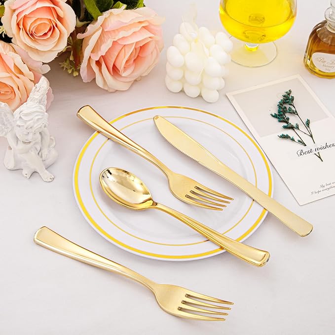 Supernal 360pcs Gold Plastic Silverware Heavy Duty Disposable Cutlery Gold flatware Sets Include 120 Forks, 120 Knives, 120 Spoons, Suitable for Party, Birthday, Wedding