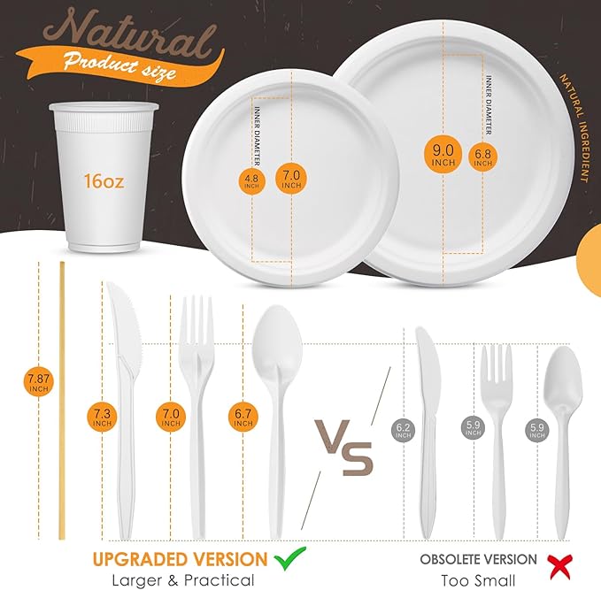 Compostable Paper Plates 350pcs Disposable Plates for Wedding Party Eco-friendly Sugarcane Plates Biodegradable Cutlery Forks Knives Spoons Cups and Straws for 50 People