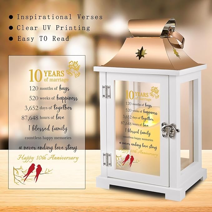 10th Wedding Anniversary Lantern,10th Anniversary Wedding Gifts for Couple Parents Husband Wife，10 Year Tin for Her Him,Unique 10th Anniversary Wedding Gift Ideas
