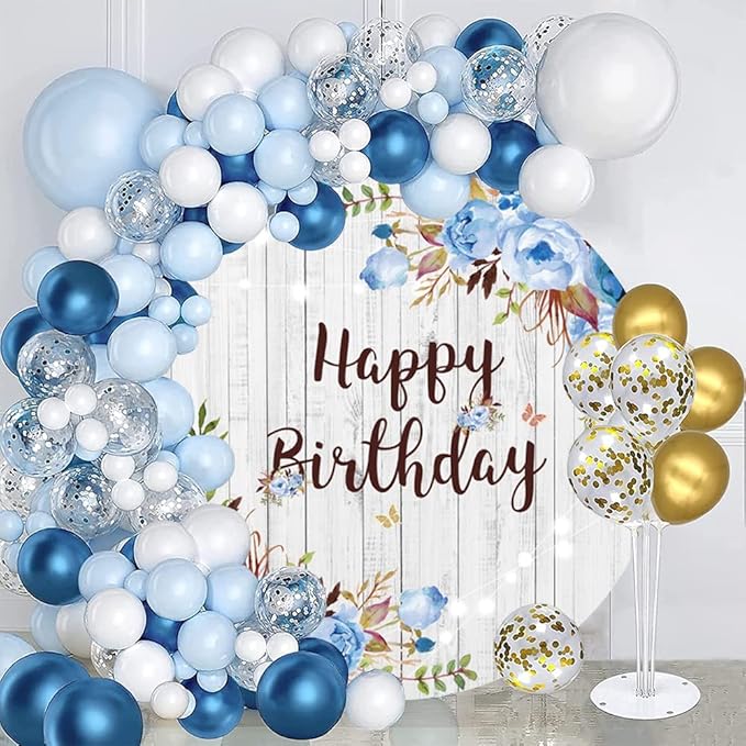 OERJU Happy Birthday Round Backdrop Cover Rustic Wood Blue Floral Flowers Birthday Background for Photography Girls Women Birthday Party Circle Backdrop Cover Cake Table Decoration 7.5x7.5ft