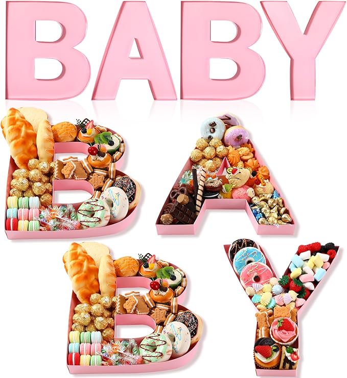 Mifoci 4 Pcs Large Baby Shower Food Trays 13.7" Charcuterie Cardboard Letter Shaped Serving Platter Fillable Boxes for Gender Reveal Baby Shower Party Paper Chocolate Candy Decoration(Light Pink)