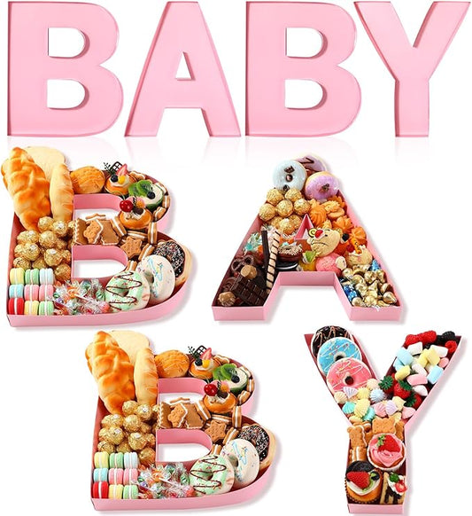 Mifoci 4 Pcs Large Baby Shower Food Trays 13.7" Charcuterie Cardboard Letter Shaped Serving Platter Fillable Boxes for Gender Reveal Baby Shower Party Paper Chocolate Candy Decoration(Light Pink)