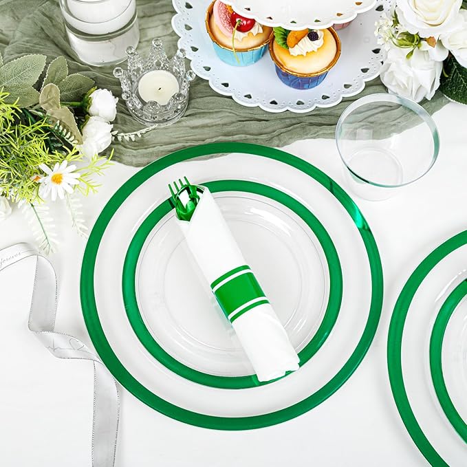 I00000 350 Pcs Green Plastic Plates-Clear Dinnerware Set for Party,Include 100 Dinner and Dessert Plates,50 Plastic Cups 9 OZ,50 Per Rolled Napkins with Cutlery for St. Patrick's Day