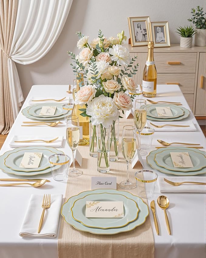 bUCLA 180PCS Green Plastic Plates - Disposable Sage Green with Gold Rim - Include 30 (Dinner & Dessert) Plates, 30 Knives, 30 Forks, 30 Spoons and 30 Cups for Party & Spring