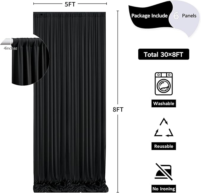30 ft x 8 ft Black Backdrop Curtain for Parties, 6 Panels 5 ft x 8 ft Wrinkle Free Polyester Photo Black Backdrop Drapesfor Graduations Birthday Wedding Party Stage Curtains Home Decoration Supplies