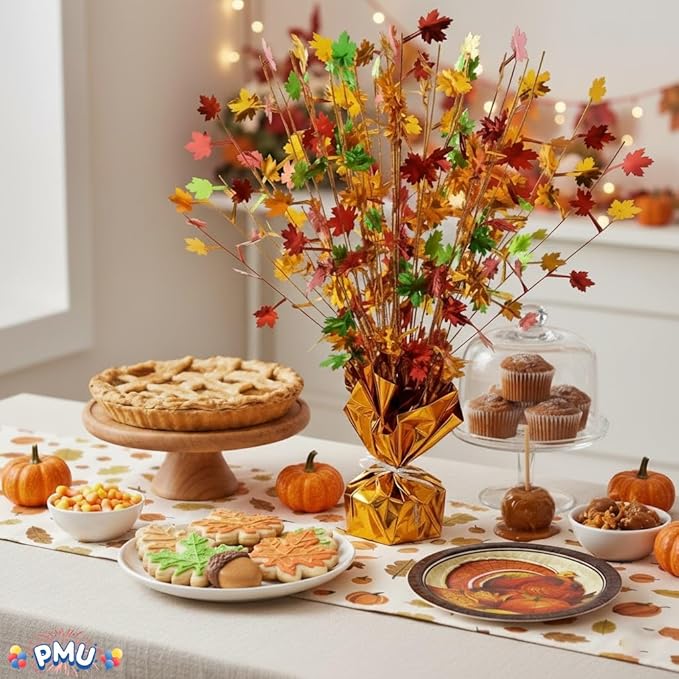 PMU 12Pc Thanksgiving Bursting Party Decoration for Autumn Harvest Seasonal Event, Fall Maple Leaves Table Centerpiece Metallic Foil Spray Centerpieces 15in Red,Gold,Green