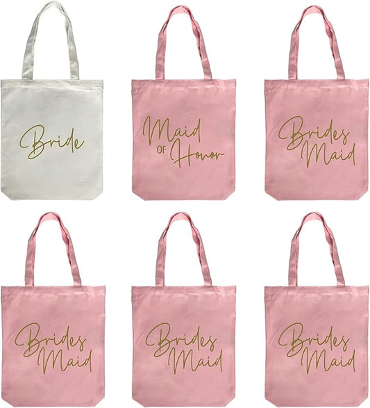LADY & HOME 6pcs Bachelorette Party Tote Bag, Bride Bridesmaid Cotton Tote Bag for Wedding Gifts