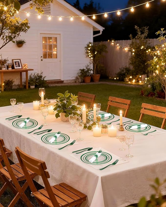 Goodluck 350 Piece Green Plastic Plates, Clear Plastic Silverware Disposable Plates Set, Include 100Plates, 50Pack Pre Rolled Napkins with Silverware, 50Cups for Party, Christmas, Graduation, Wedding