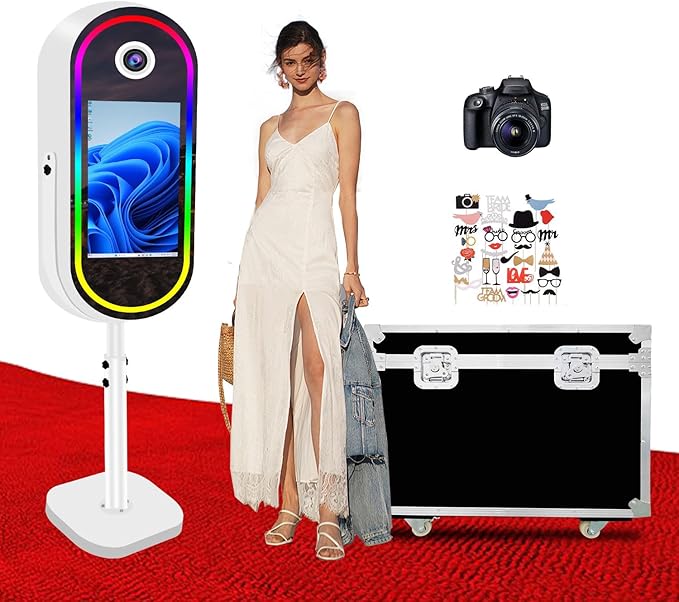 Oval Magic Mirror Photo Booth Machine with Flight Case, 21.5inch Touch Screen Built-in Mini PC for Wedding Parties (White, Camera + Photo Booth)
