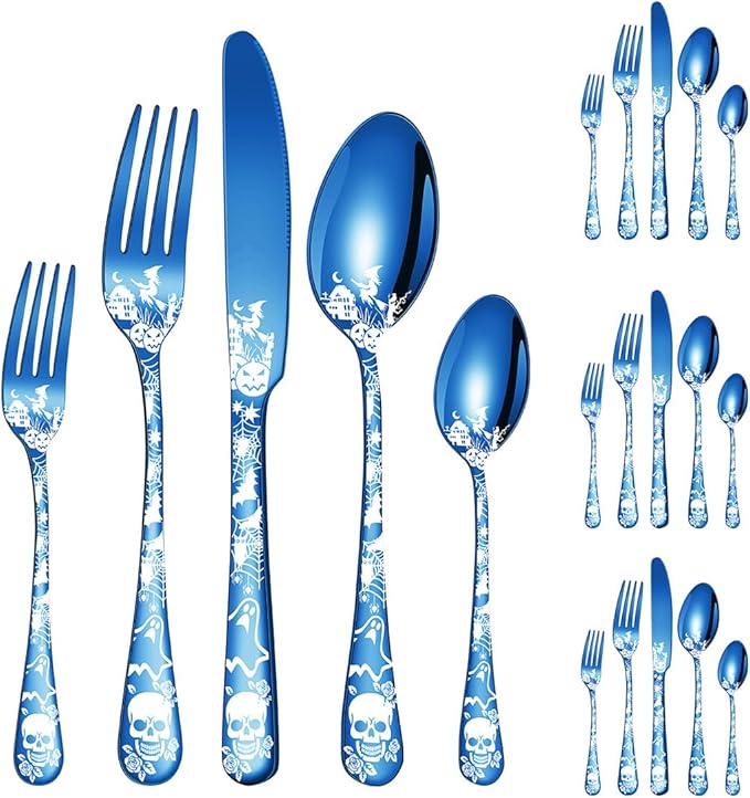 XIAOYU Halloween Themed Skeleton Silverware Set for 4, 20-Piece Stainless Steel Flatware Set, Gothic Skeleton Pattern Decorative Cutlery Set, Halloween Easter and Christmas Tableware, Blue