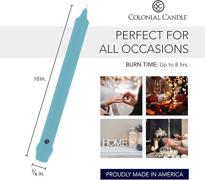 Colonial Candle Unscented Taper Candle, Classic Collection, Coastal Blue, 10 in, Pack of 12 - Up to 8 Hours Burn