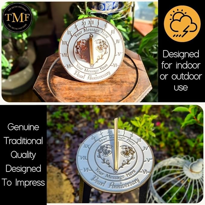 The Metal Foundry Personalized Pearl 30th Large Sundial - Recycled Brass Home Decor Or Garden Present Idea Made in The UK for Parents, Grandparents, Friends, Couples 30 Years Marriage