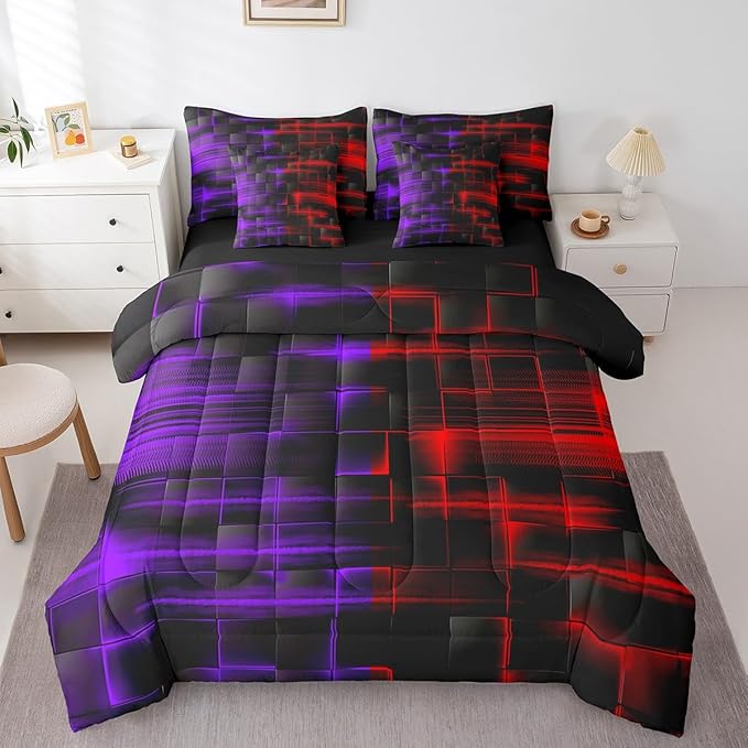Feelyou Red and Purple Comforter Set with Sheets 7 Piece Twin Size Kids Geometric Bed in a BagStrip Lines Bedding Set Abstract Art Bed Set with Comforter, Sheets,Pillowcases,Cushion Covers