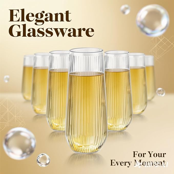 48 Pack Plastic Ribbed Champagne Flutes, 9 Oz Stemless Disposable Clear Plastic Toasting Glasses Shatterproof Recyclable and BPA-Free Perfect For Wedding
